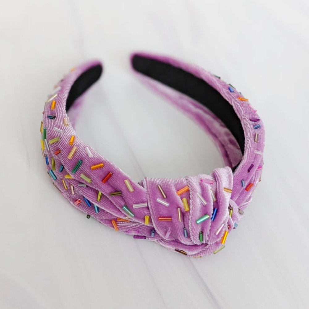 Lilac Confetti Beaded Knot Velvet Headband Rainbow Beads Handmade Knotted Turban